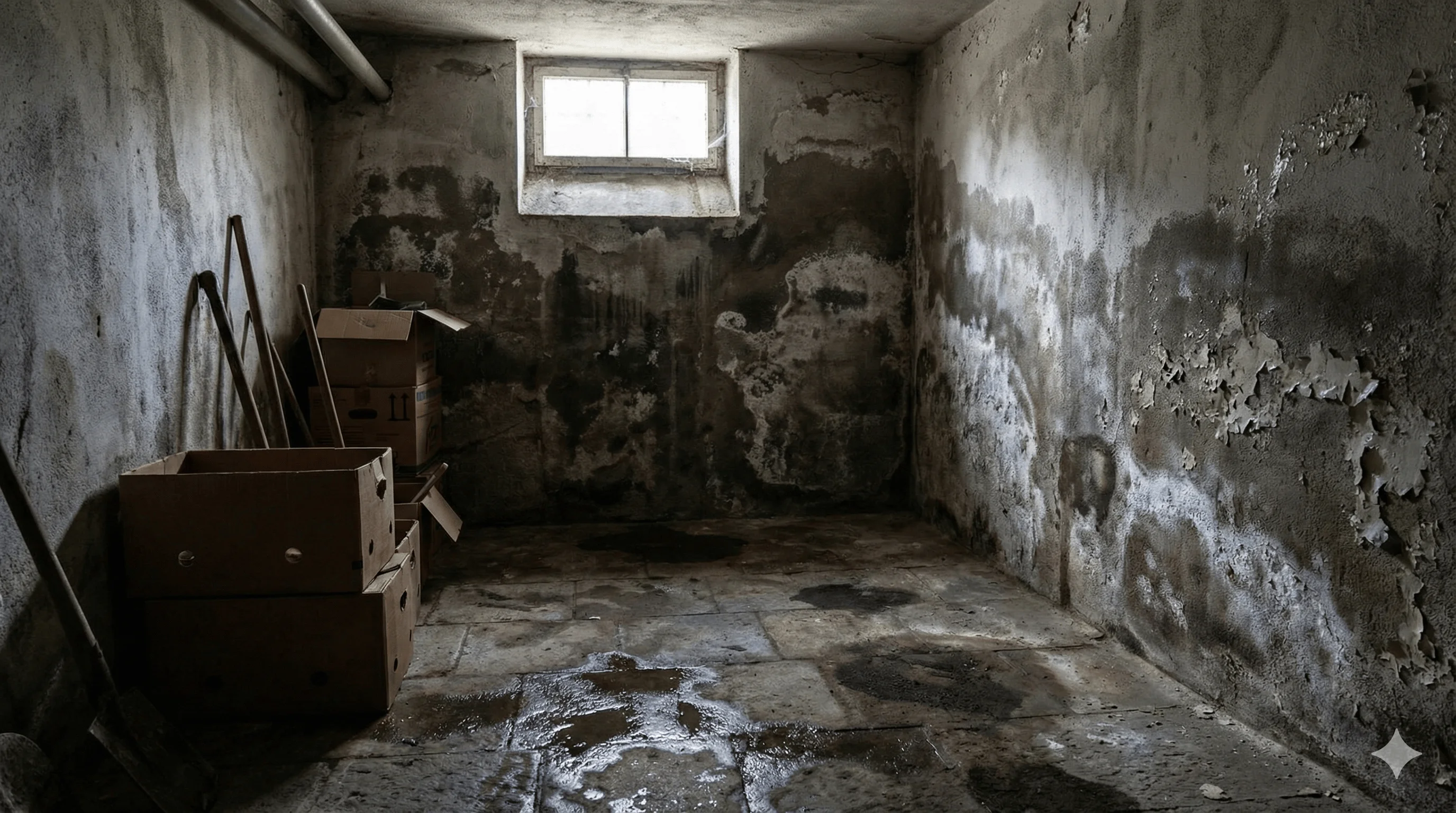 Feuchter Keller mit sichtbaren Wasserschäden an der Wand