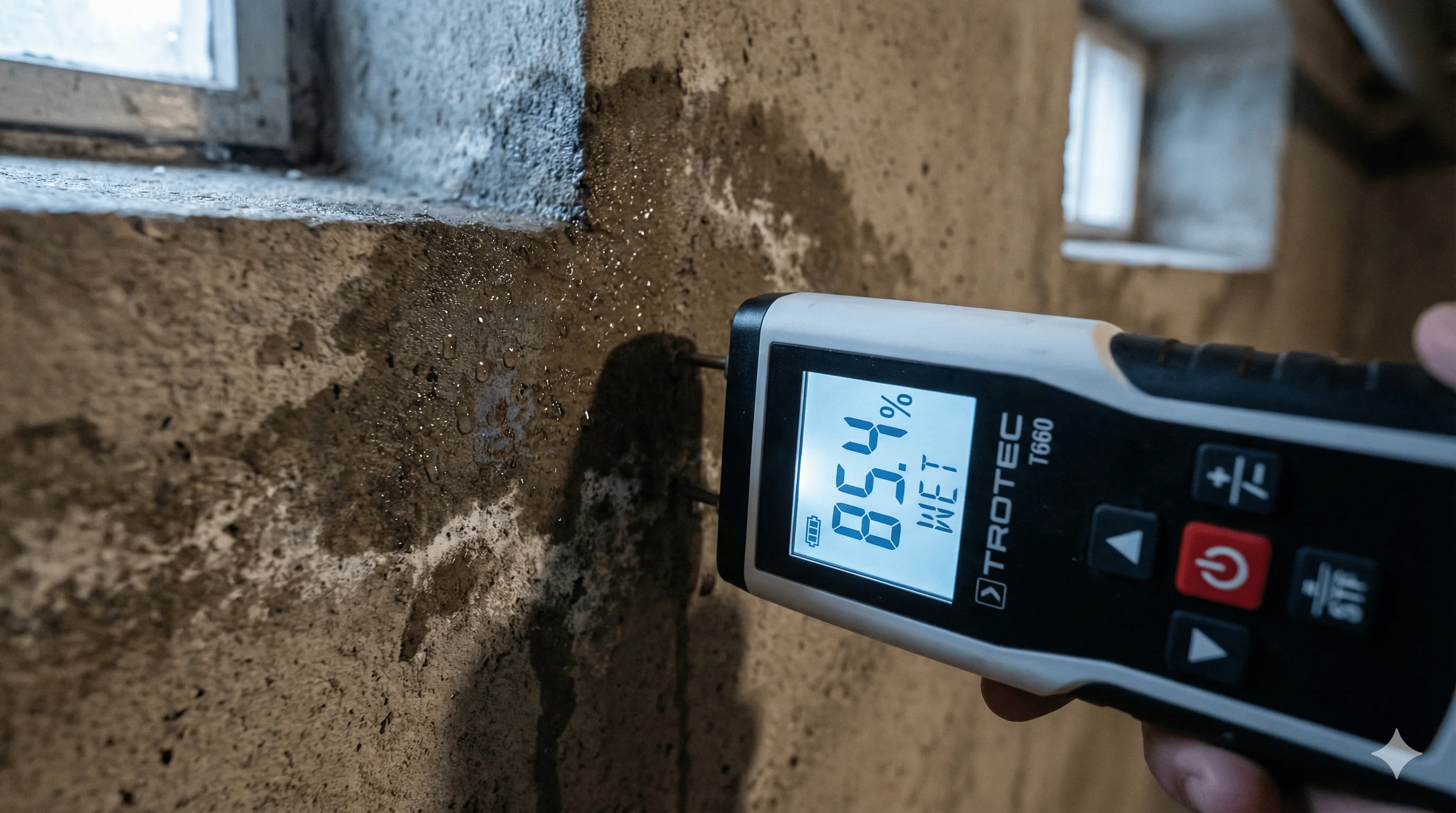 Feuchtemessgerät an Kellerwand