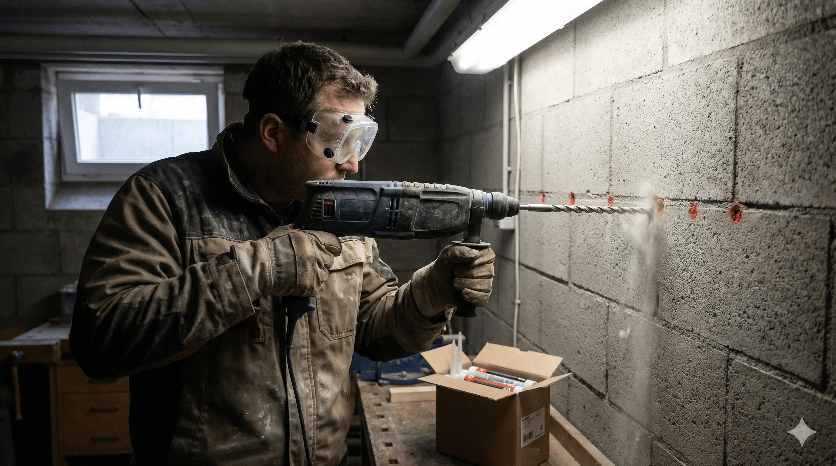 Heimwerker beim Einbringen einer Horizontalsperre