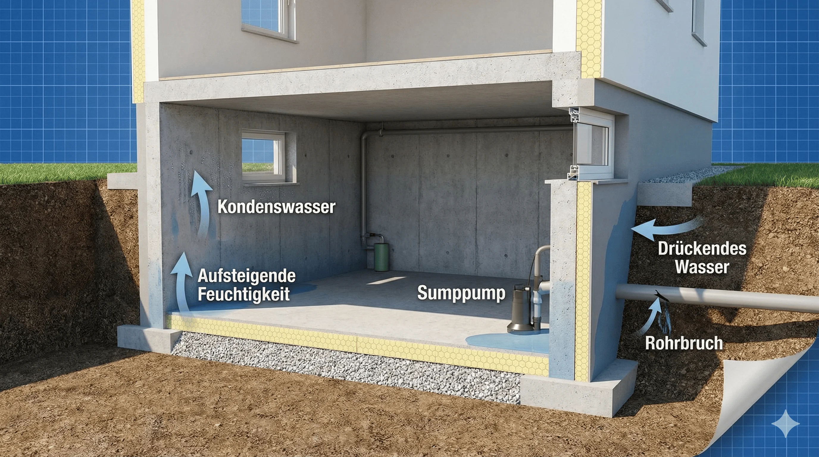 Querschnittszeichnung einer Kellerabdichtung und Wassereintrittsursachen