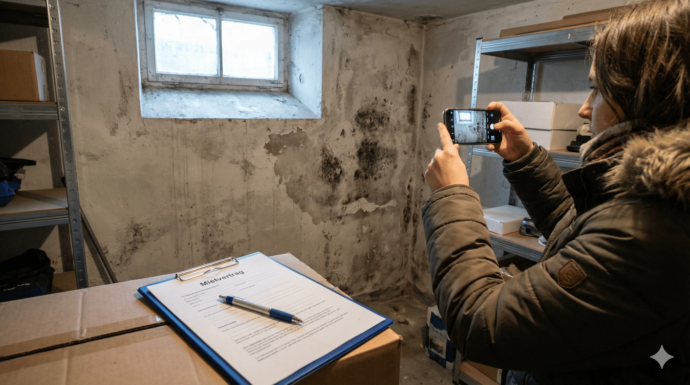 Mietvertrag mit feuchter Kellerwand im Hintergrund